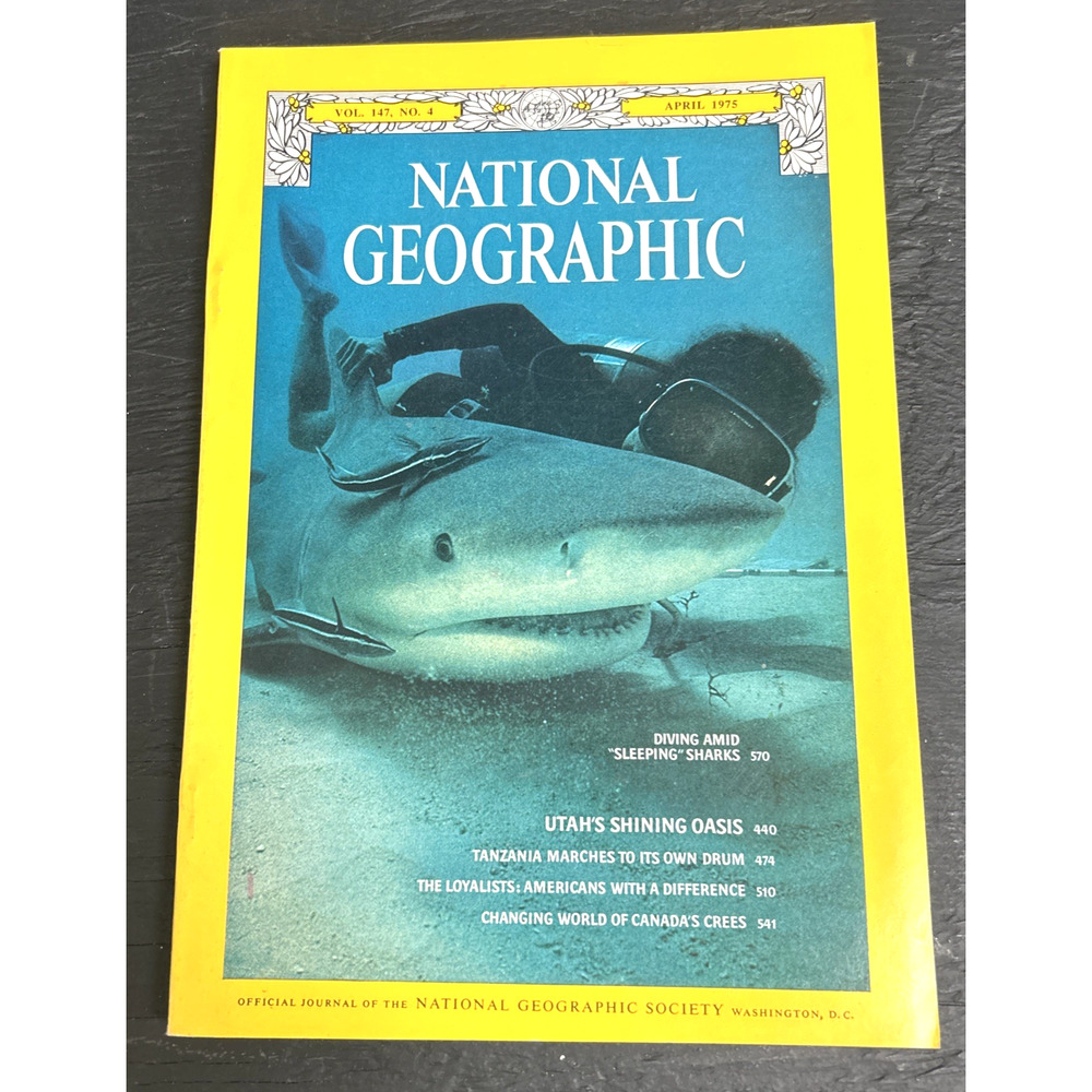 National Geographic Magazine April 1975 Diving Sharks Tanzania Canada Crees
